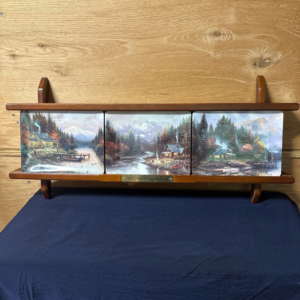1997 Thomas Kinkade Wooden Shelf with Scenic Art Plates